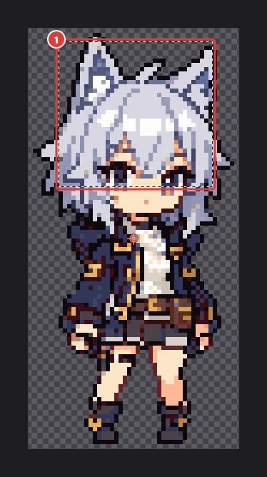 Canvas with the character's head selected by rectangle select