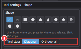 Shape tool options with the line selected: Pixel steps Diagonal and Orthogonal