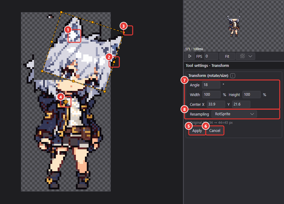Transform mode with the head selected and rotated 18 degrees, and its tool options